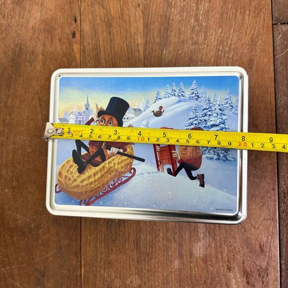 Planters Mr. Peanut Tin Box Winter Sled Riding Scene Christmas Decorative Tin - Picture 3 of 6
